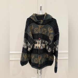 Vintage Tejidos Ruminahui Hooded Cardigan Sweater Reindeer Snowflake Pattern